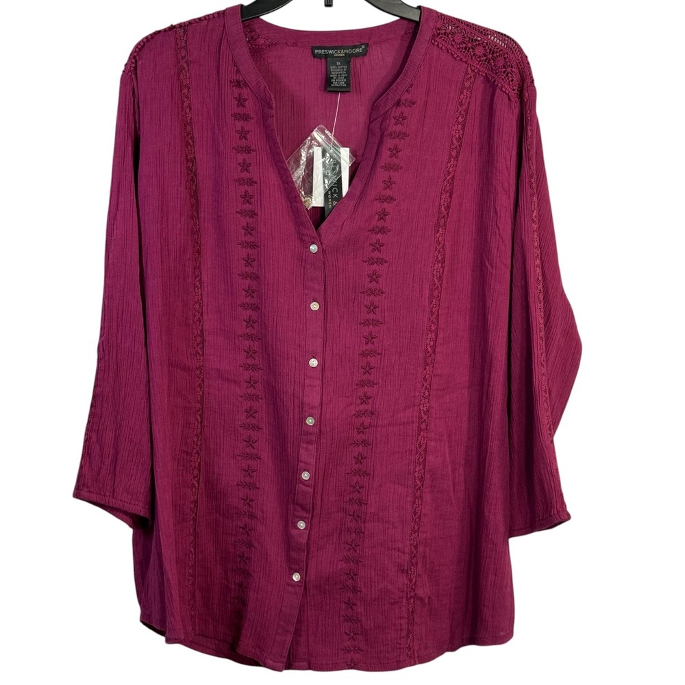 Preswick & Moore Women 1X Burgundy Cotton Gauze Embroidered Lace Button Top NWT - Picture 1 of 10
